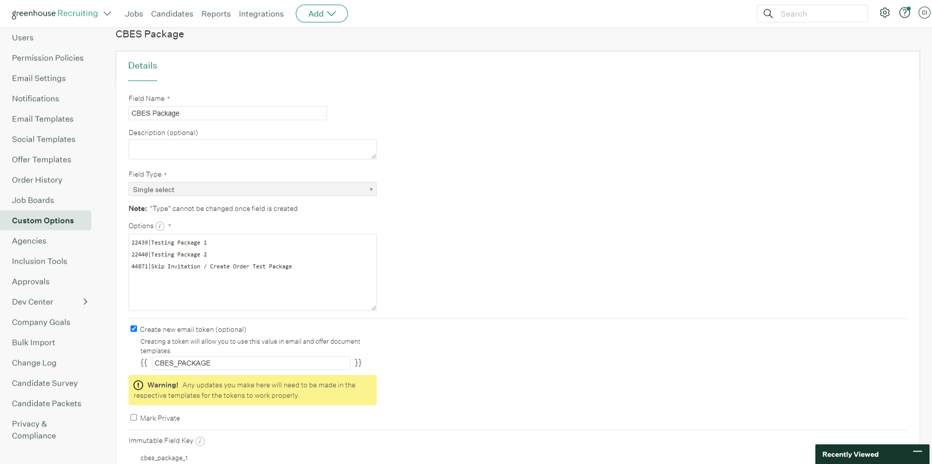 CBES Package custom field configuration