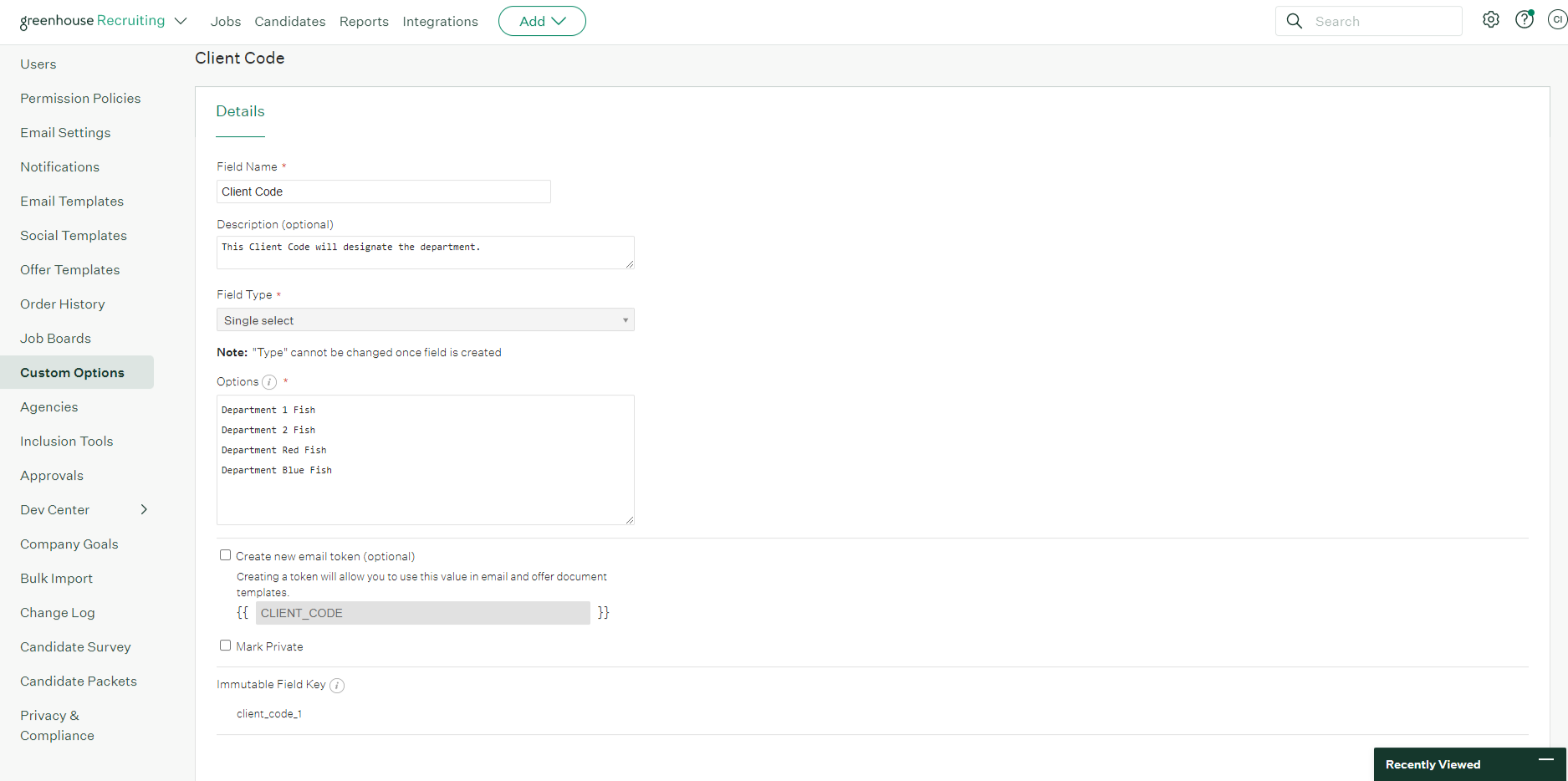 Client Code custom field configuration