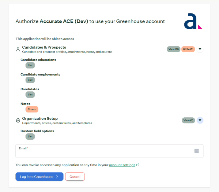 Scope verification and email entry screen