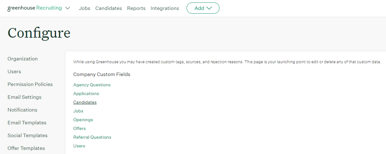 Company Custom Fields section with Candidates option