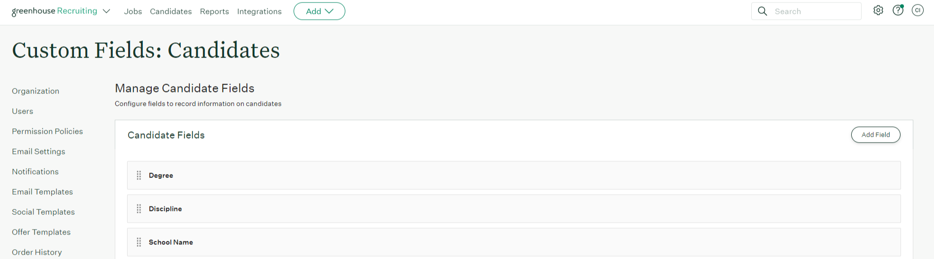 Candidate custom fields page with Add Field button