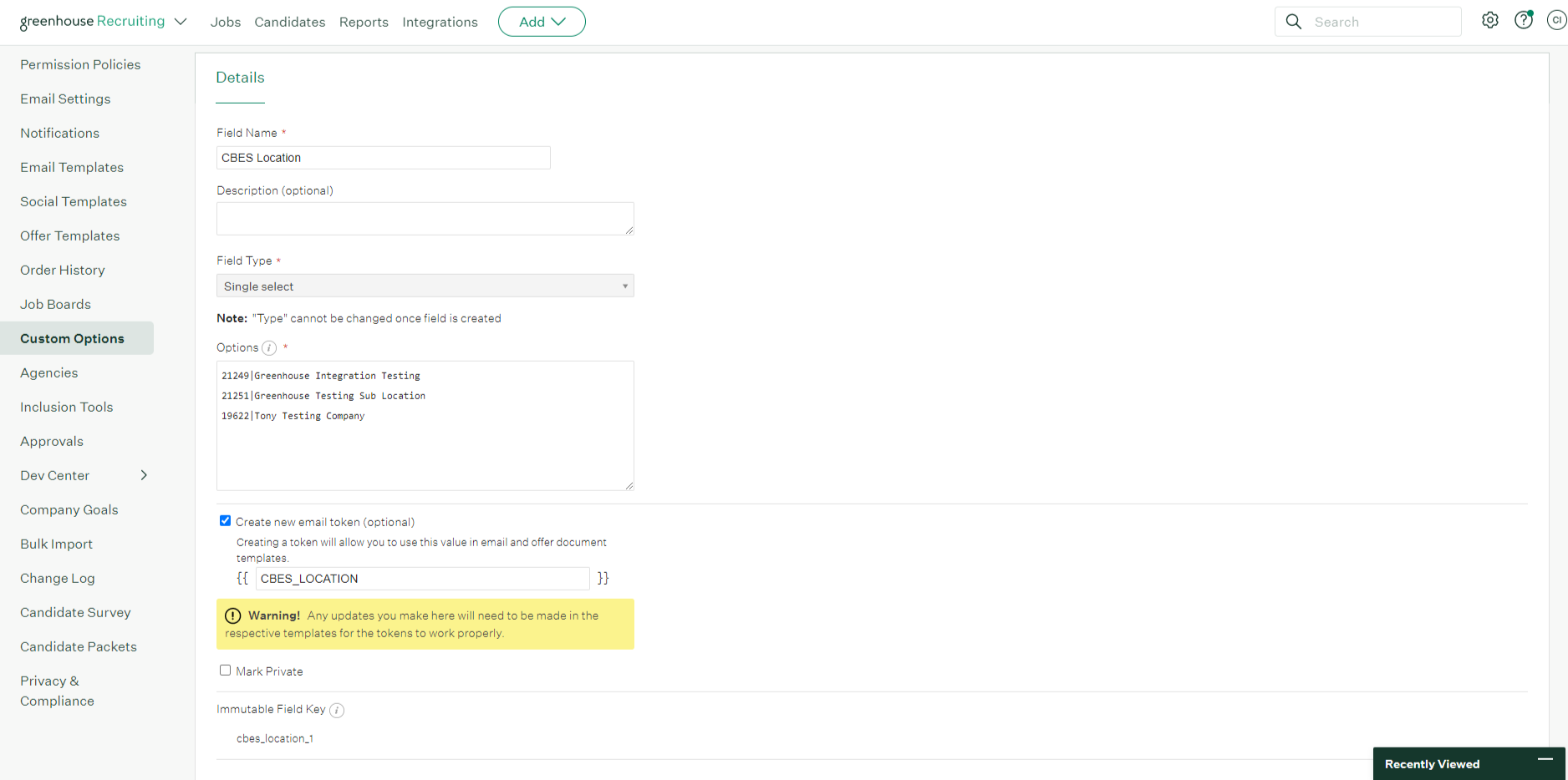 CBES Location custom field configuration