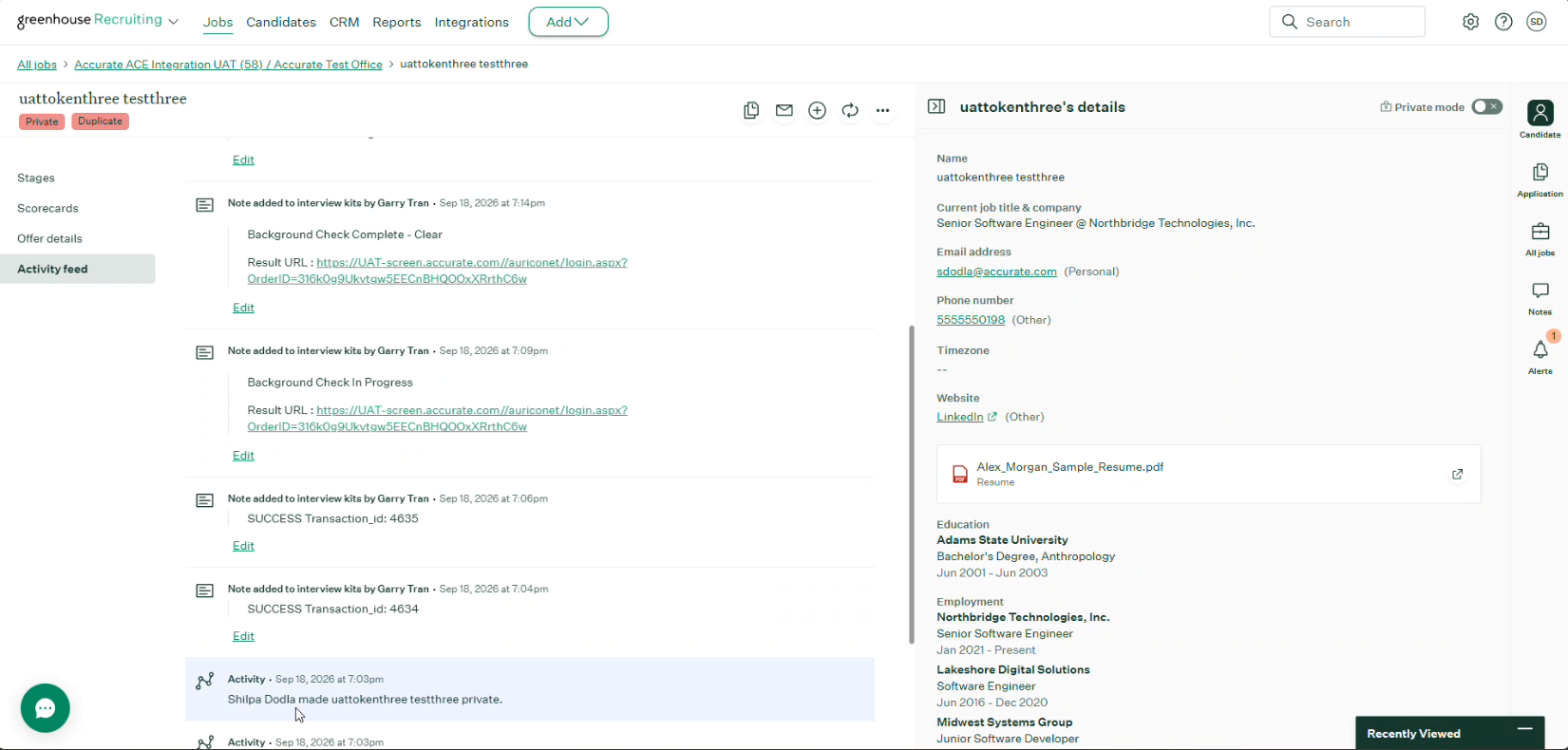 Accurate ACE status updates in the Greenhouse candidate activity feed