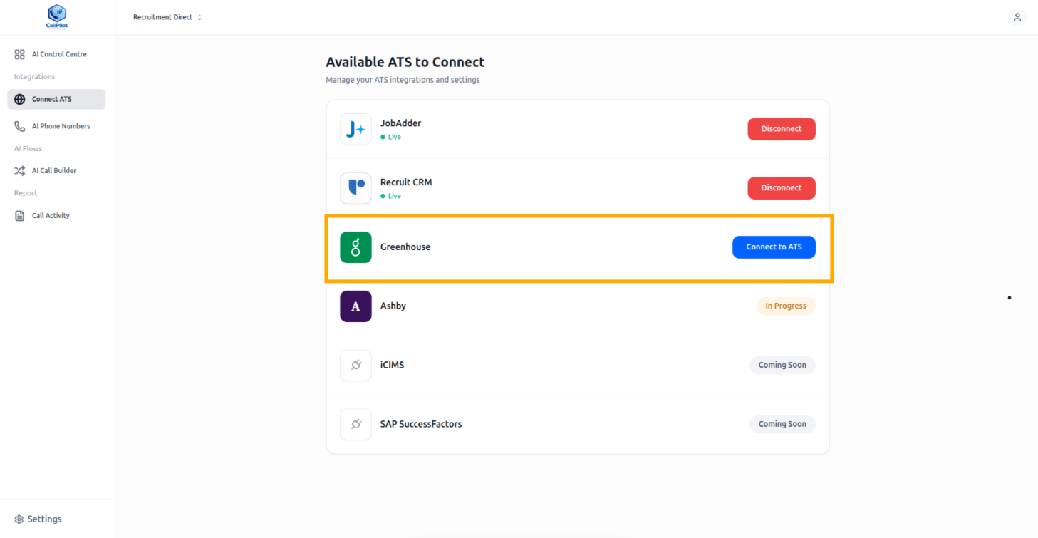 CallPilot Connect ATS page, where customers connect and manage their ATS integrations, including Greenhouse