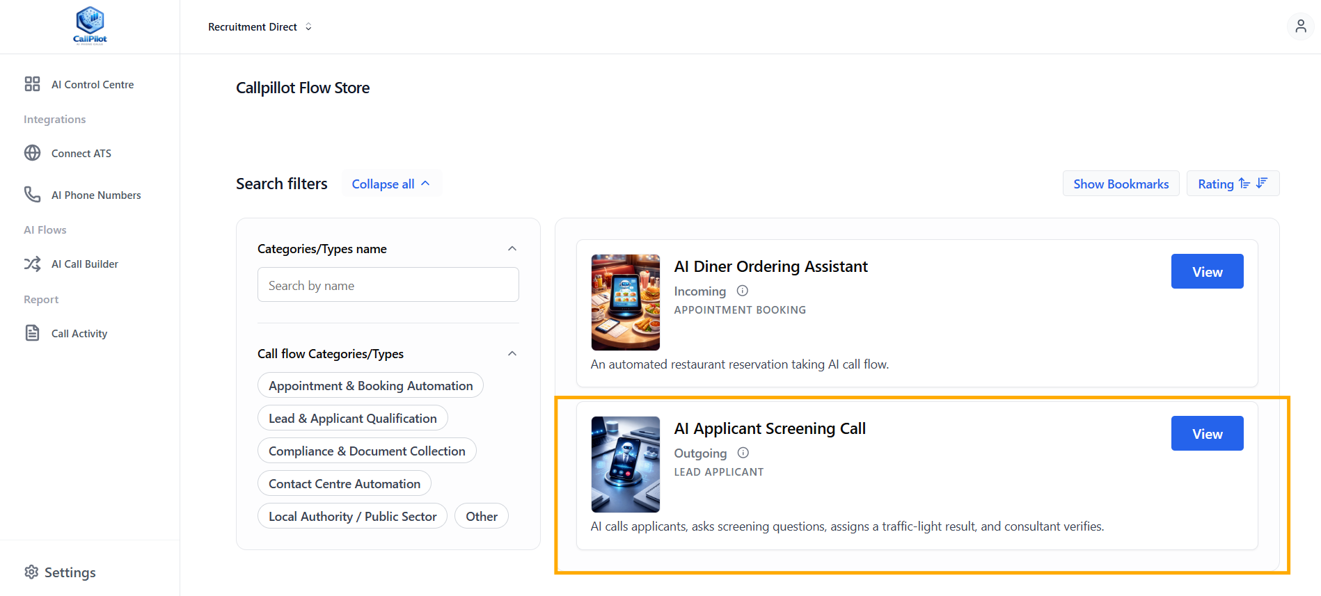 Callpilot Flow Store, where customers browse and select AI call flow templates