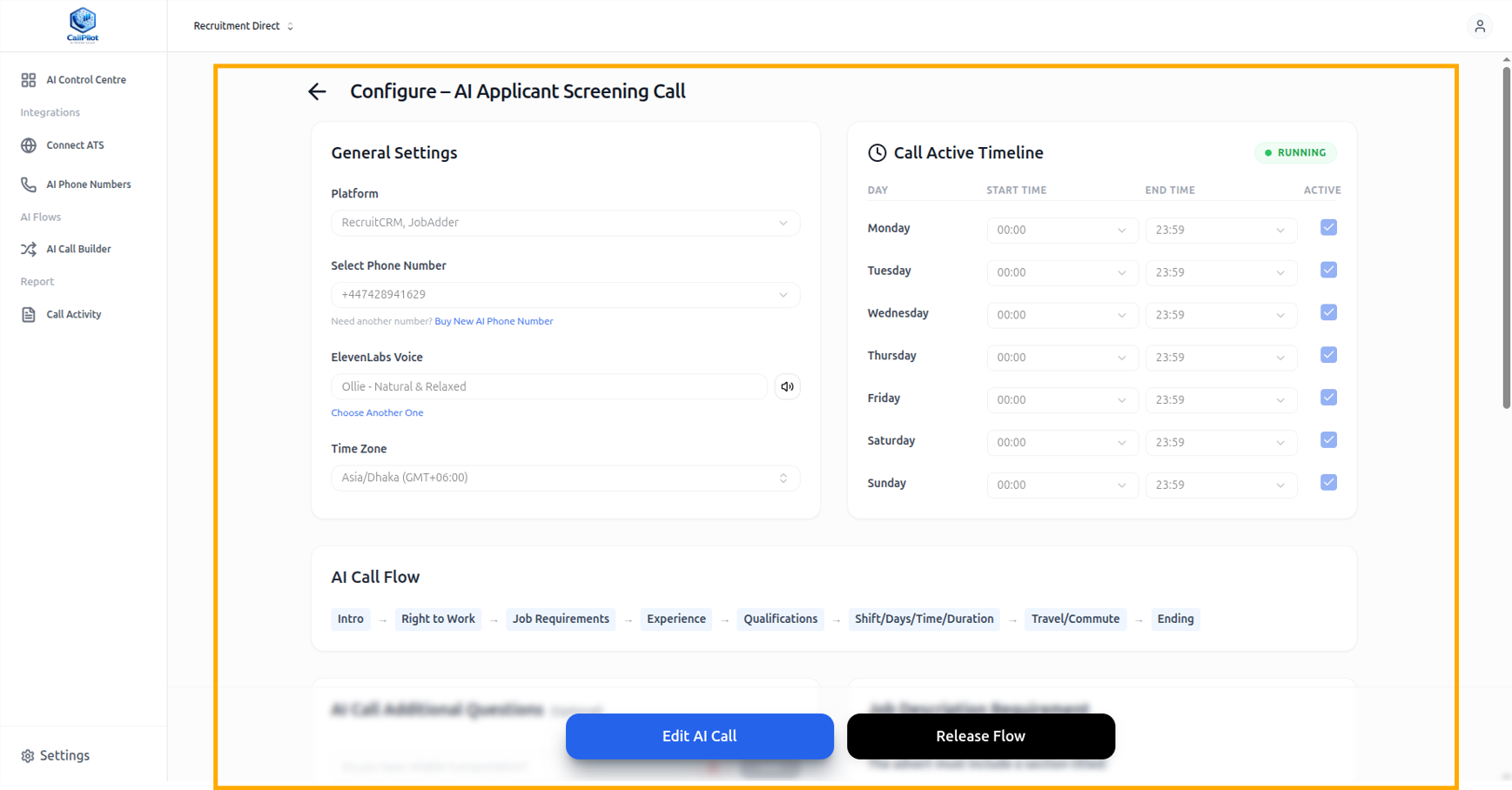 AI Applicant Screening Call settings, including the Greenhouse connection, phone number, voice, schedule, and call flow