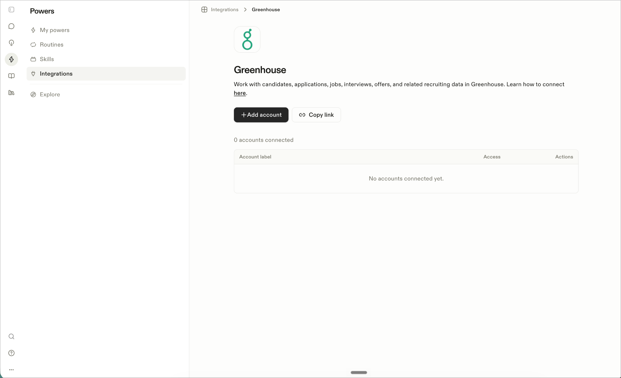 Greenhouse integration page in Town with the Add account button
