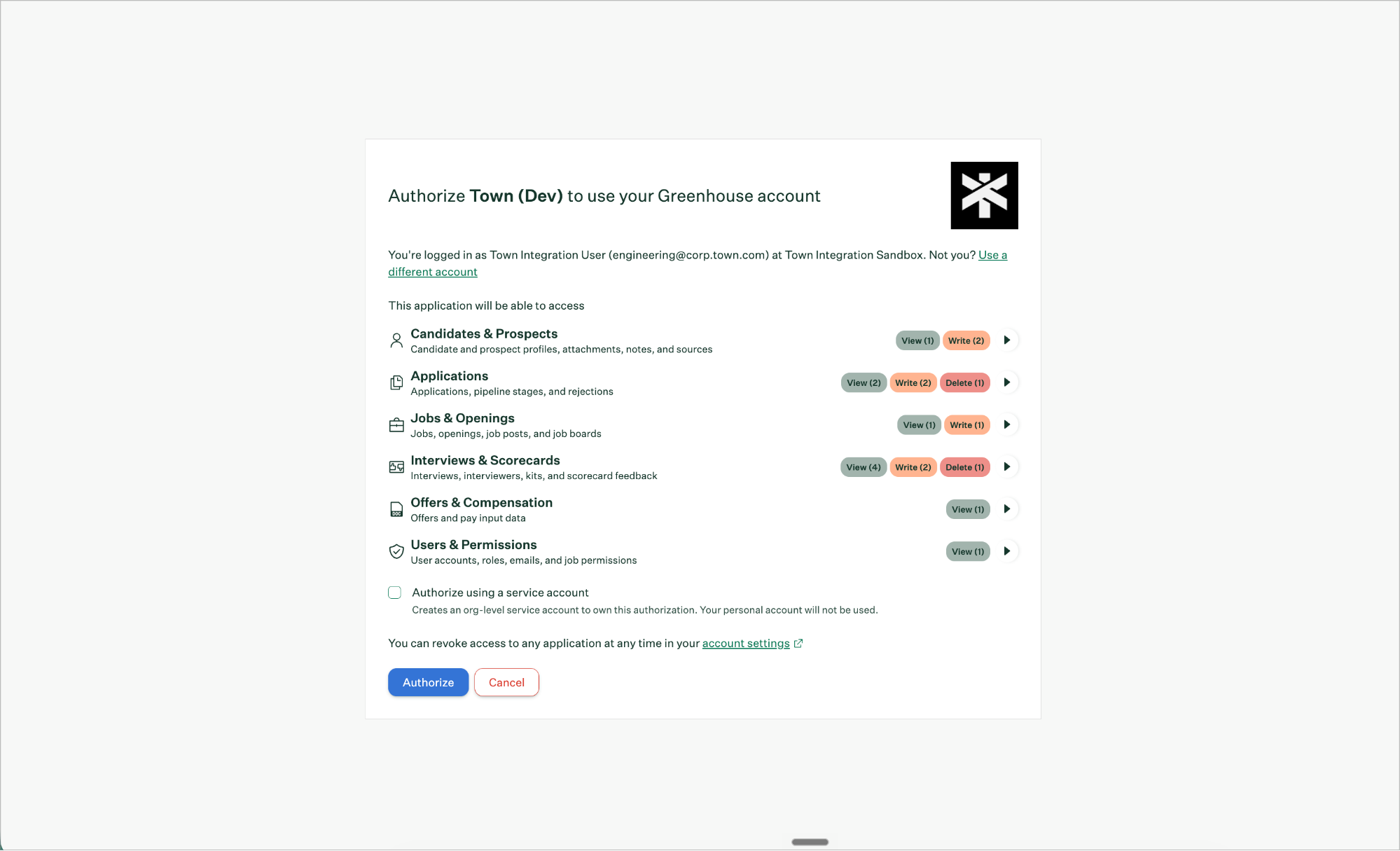 Greenhouse authorization screen signed in, with the Authorize button