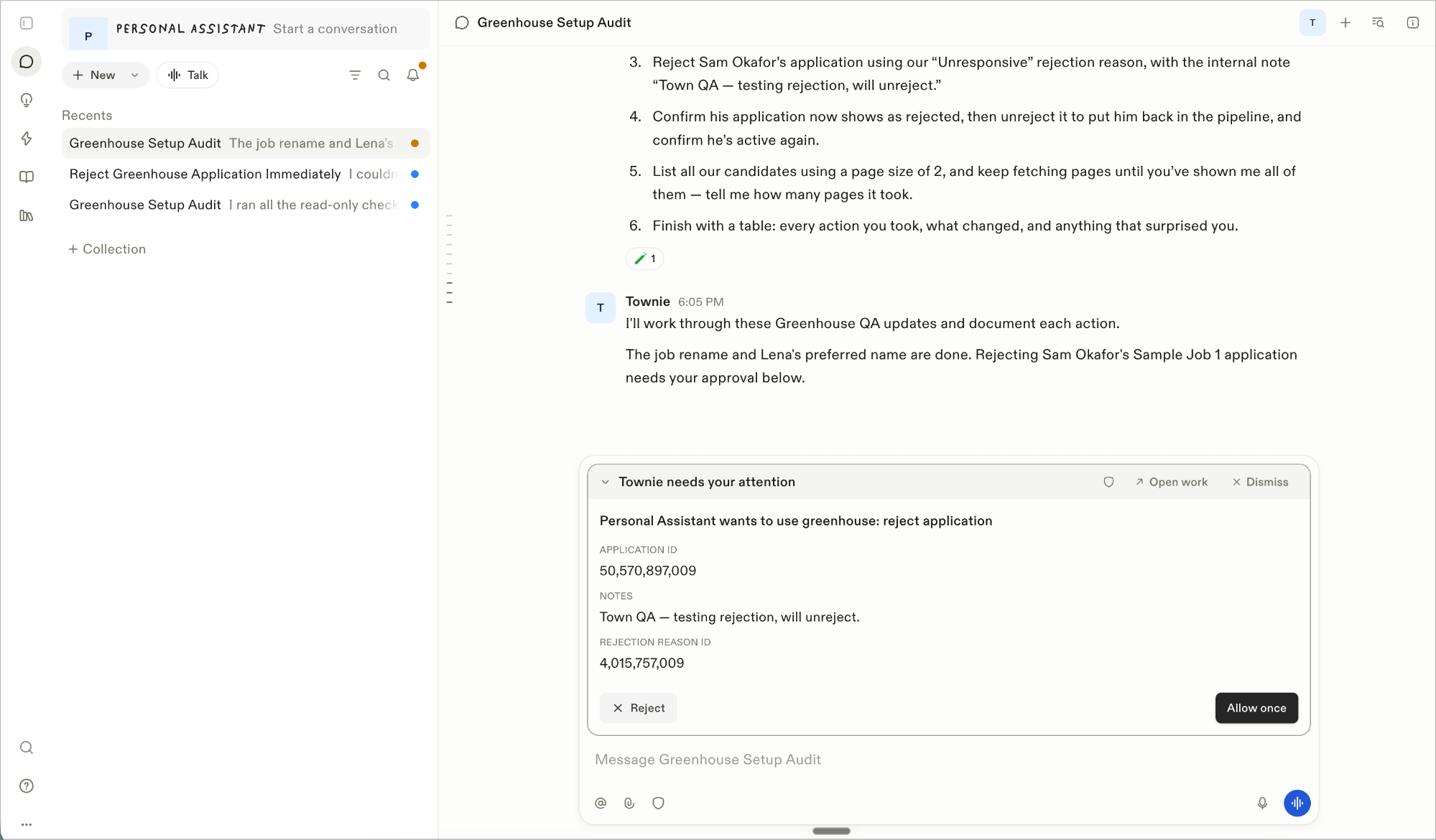 Town chat showing a rejection request paused on an approval card