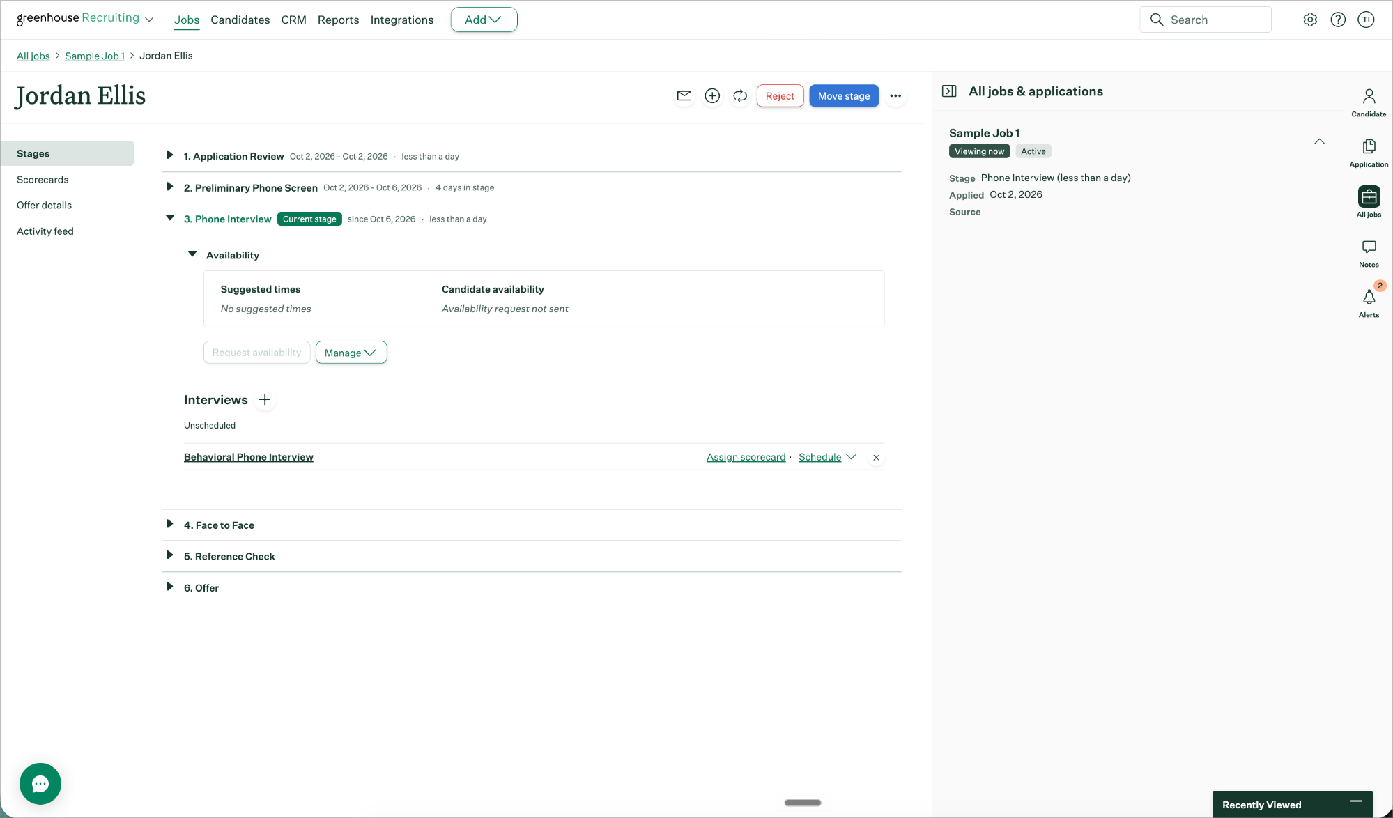 Greenhouse candidate page showing the stage advanced by Town