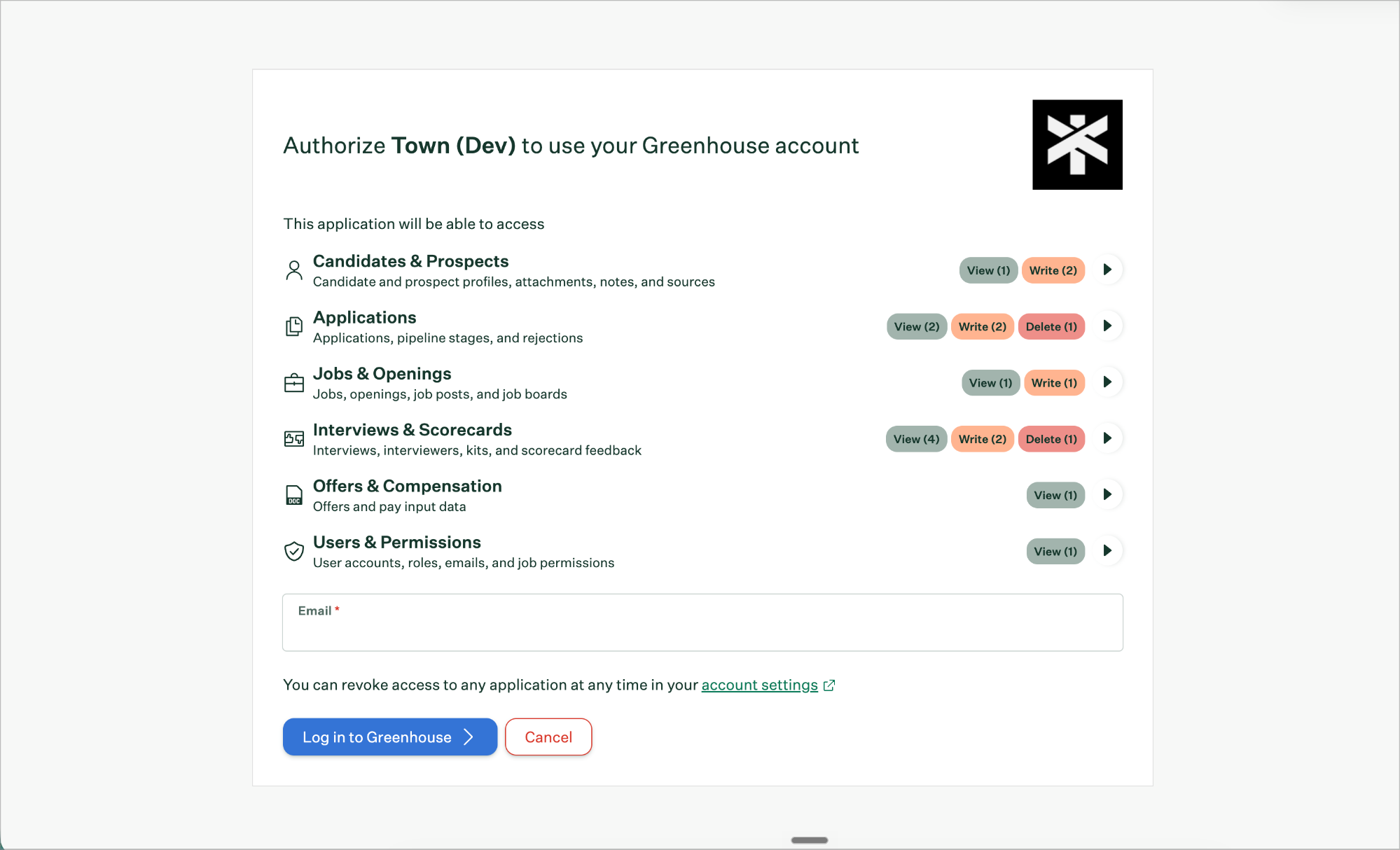 Greenhouse authorization screen listing requested permissions