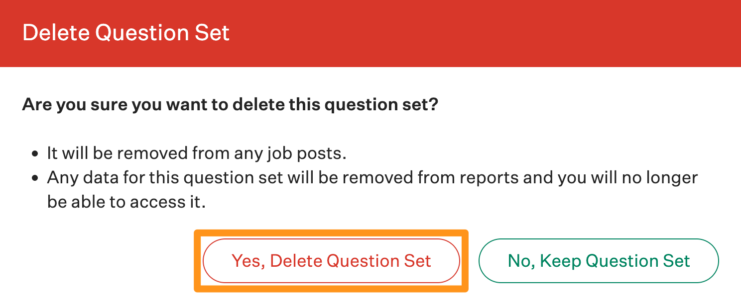 Screenshot of the delete question set popup