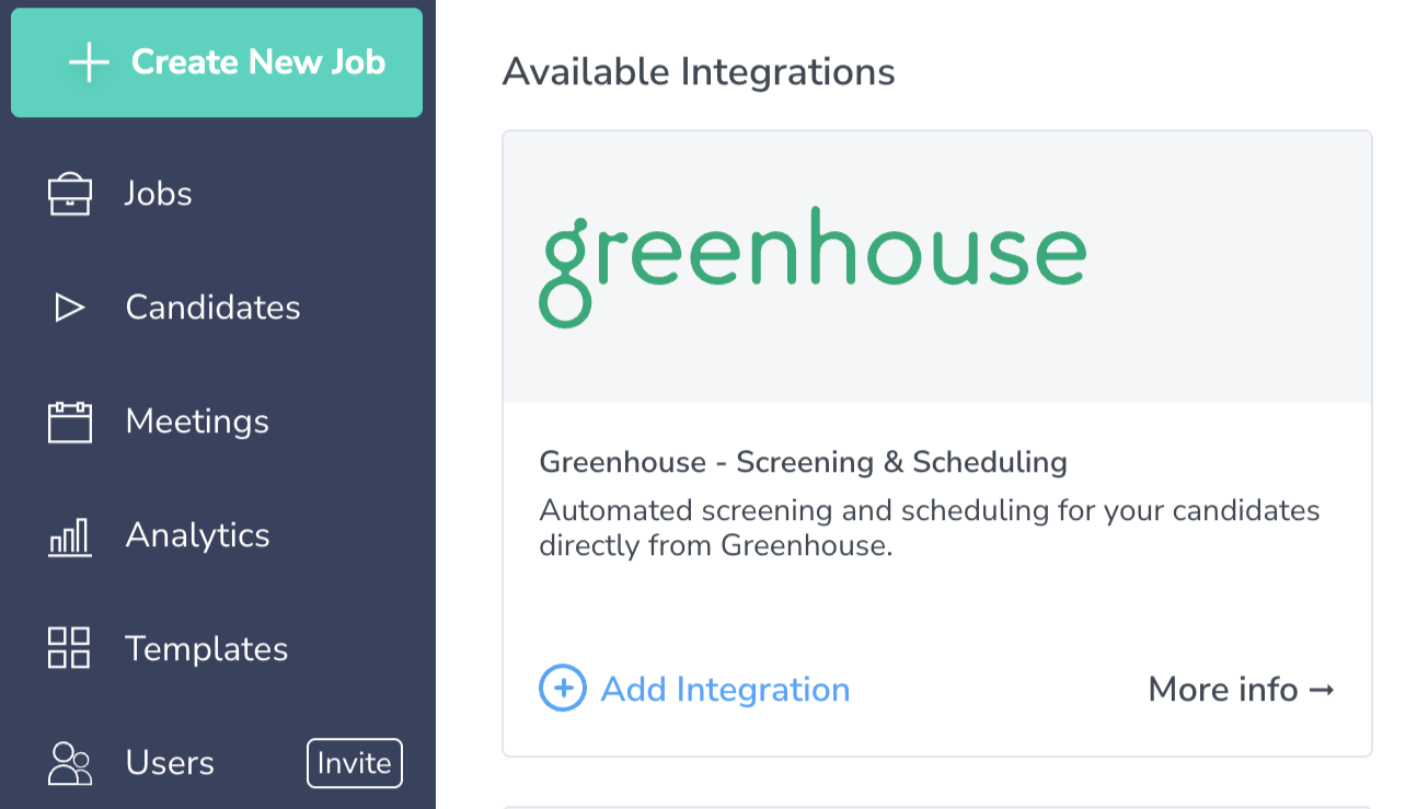 Radancy Screening and Scheduling Integrations page showing the Greenhouse - Screening and Scheduling integration