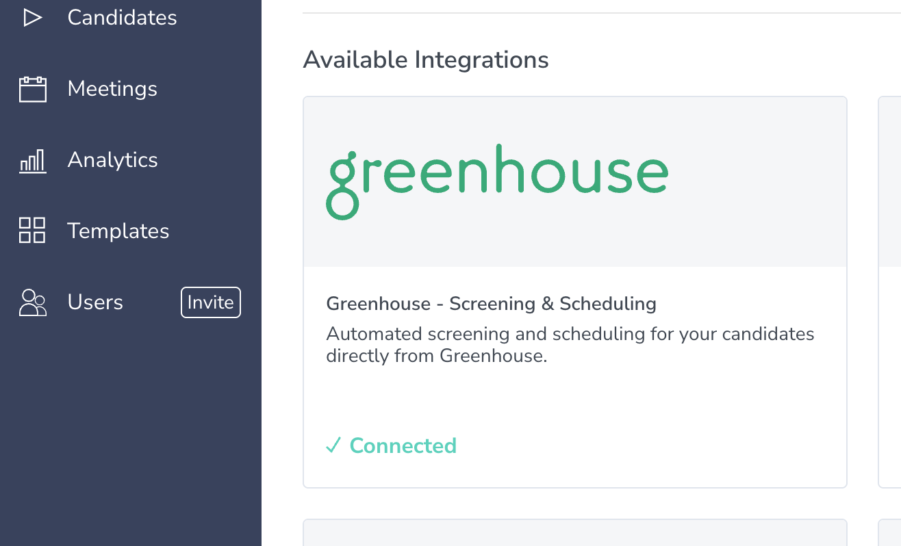 Radancy Screening and Scheduling dashboard showing the Greenhouse integration as connected