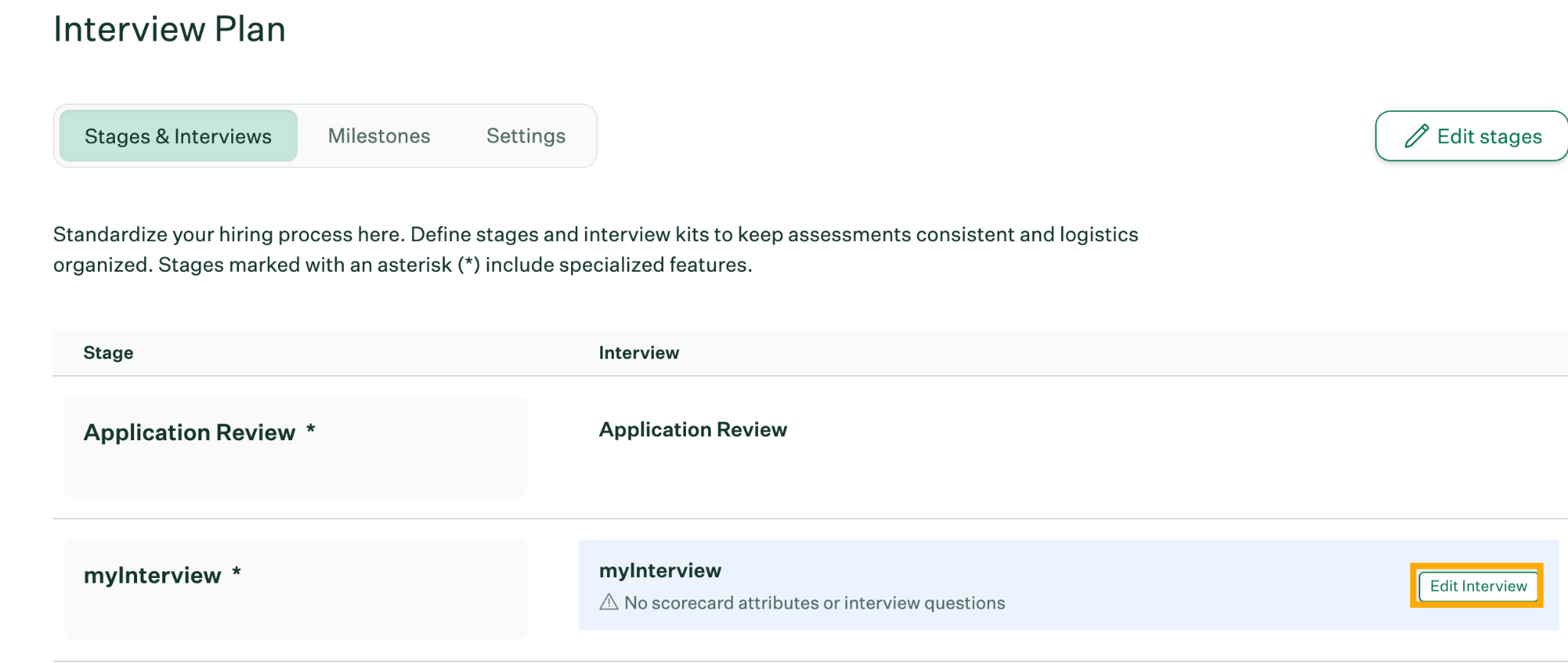 Edit Interview option next to the myInterview step on the Interview Plan