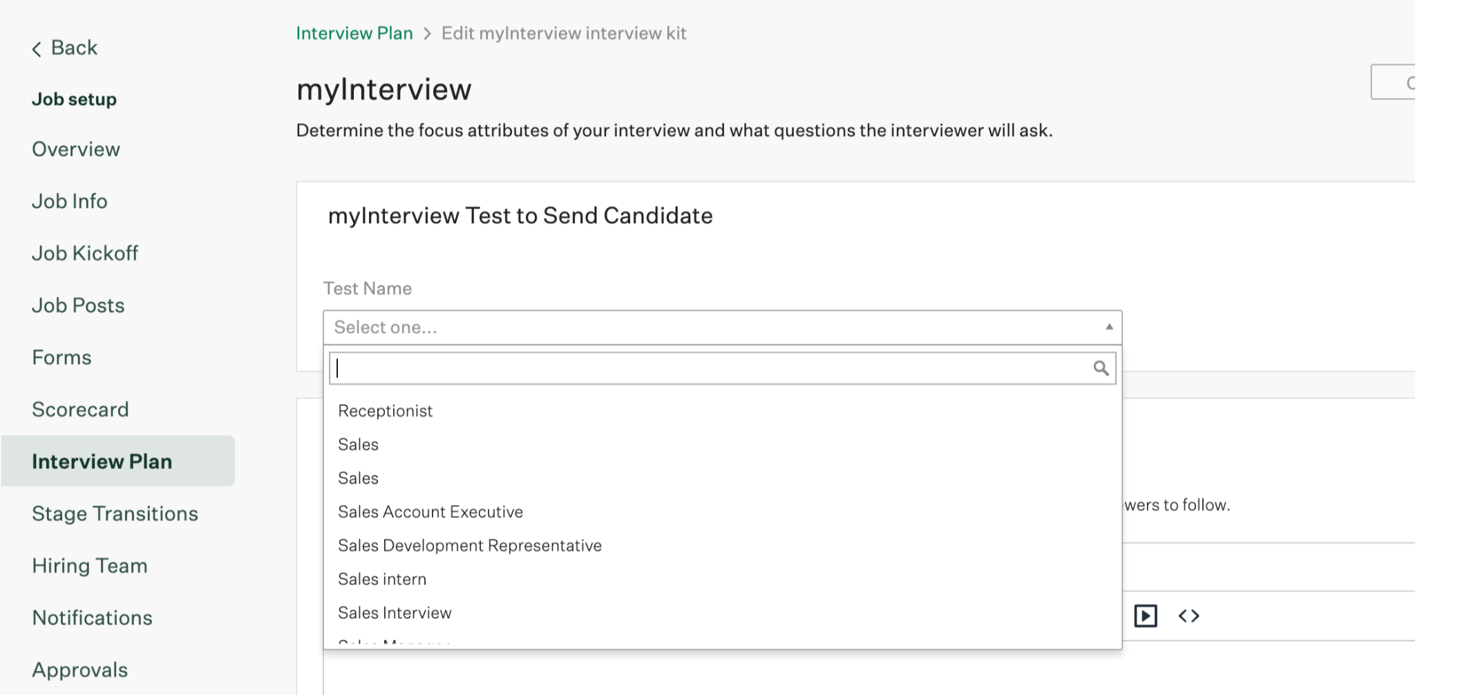 myInterview Test to Send Candidate dropdown listing Radancy screening jobs