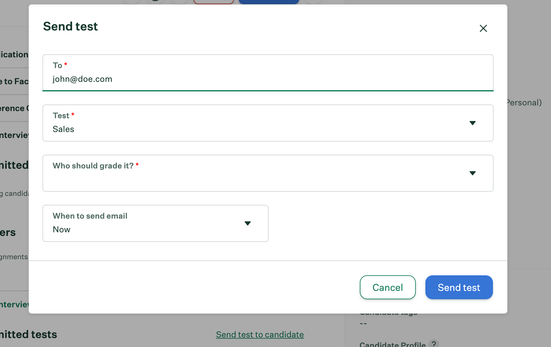 Send Test window on the myInterview stage of a candidate profile