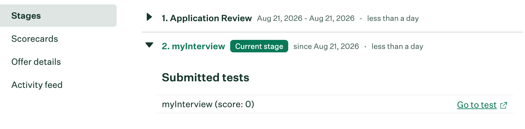 Submitted test on the myInterview stage with the Go to test link