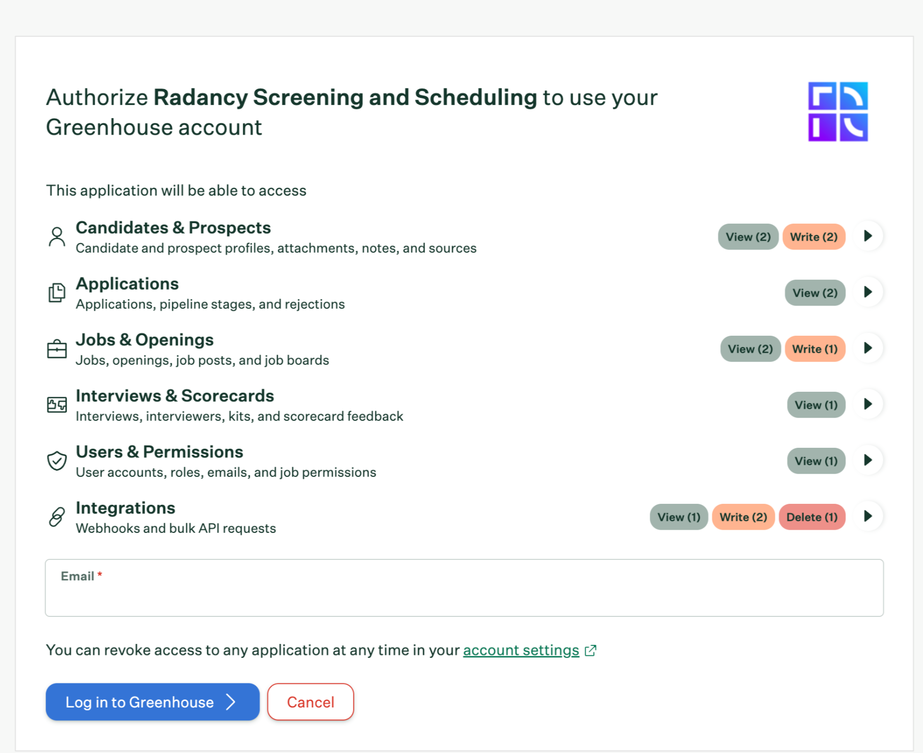 Greenhouse Recruiting authorization screen listing the permissions requested by Radancy Screening and Scheduling