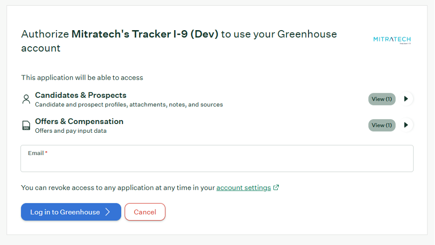 Greenhouse authorization screen showing the Candidates & Prospects and Offers & Compensation access requested by Tracker I-9
