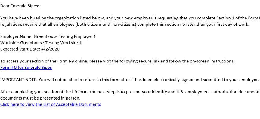 Candidate email with embedded link to access Section 1 of the I-9