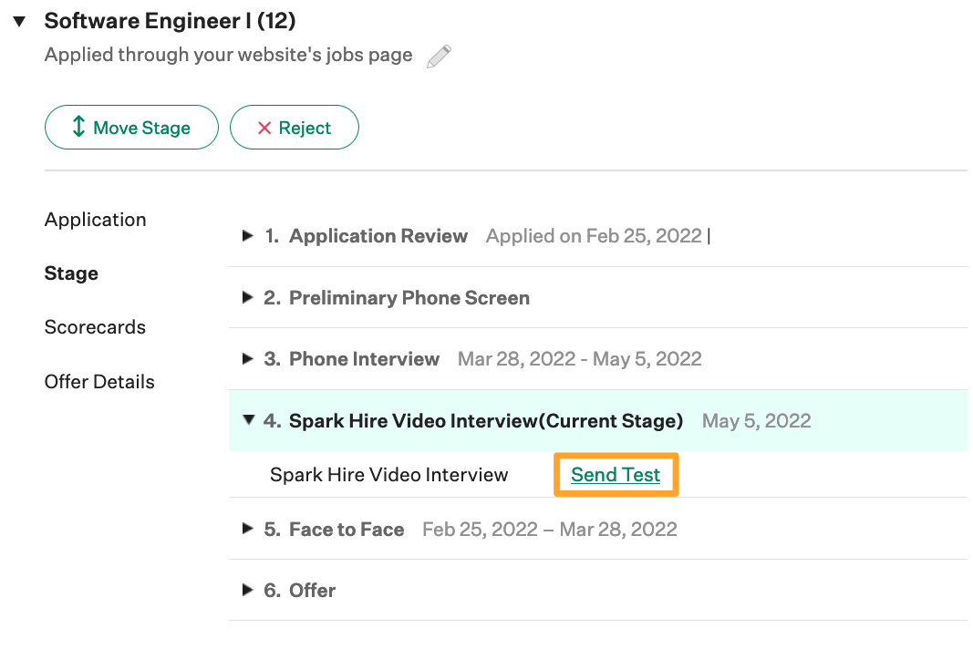 On an example candidate in Greenhouse Recruiting, the Send Test button is highlighted on the Spark Hire interview stage