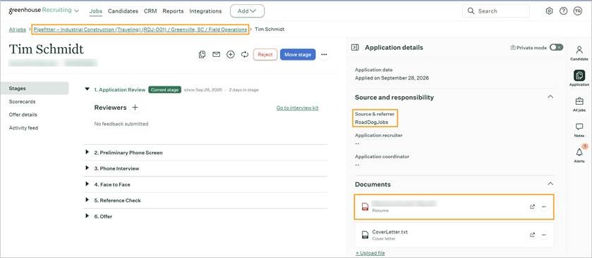 Applications from RoadDogJobs in Greenhouse Recruiting, on the correct job with RoadDogJobs as the source and the resume attached