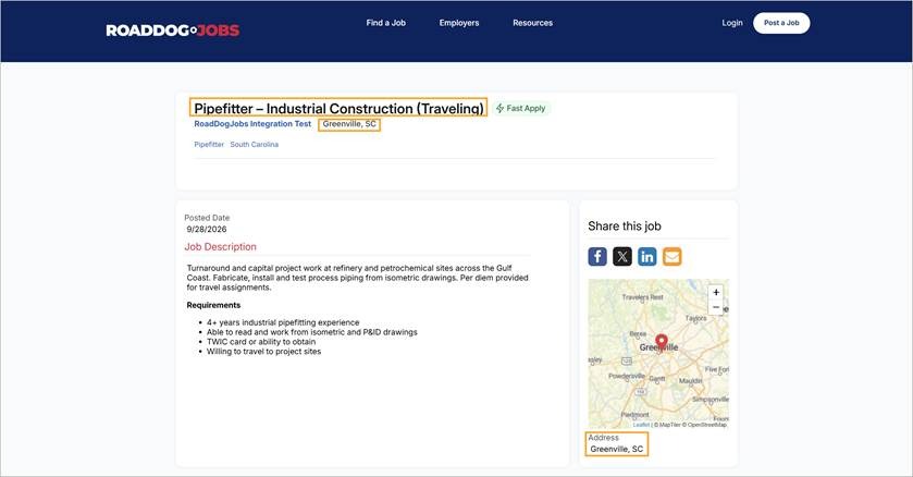 The same job, published automatically on RoadDogJobs