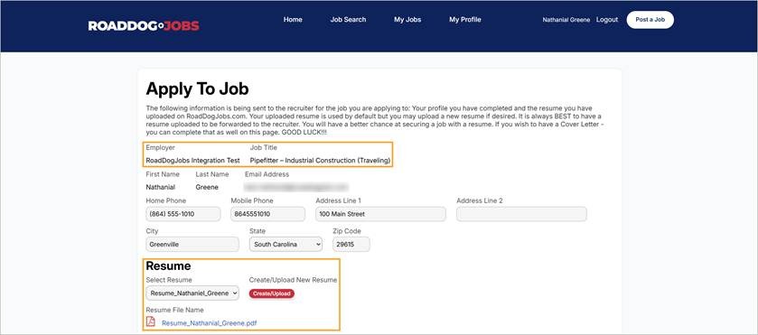 The RoadDogJobs application form, as a signed-in job seeker sees it