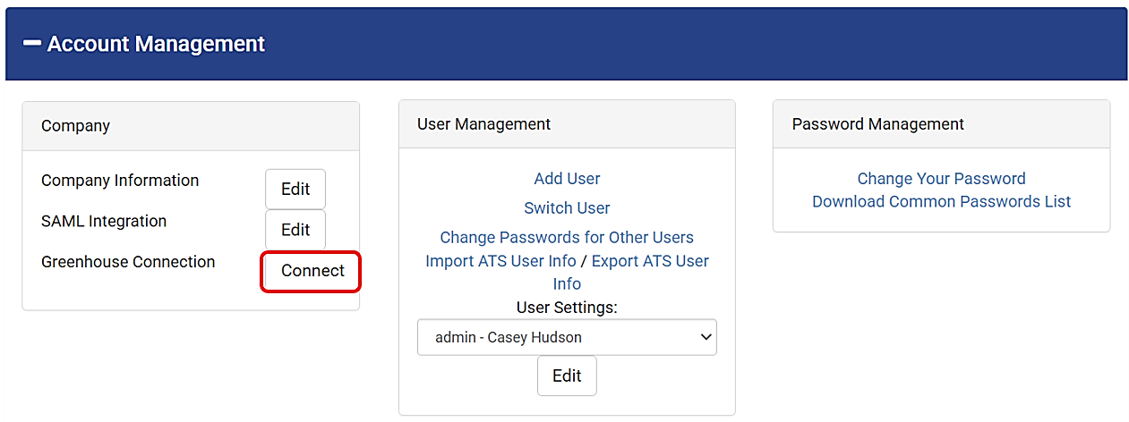 Company section with Connect button next to Greenhouse Connection