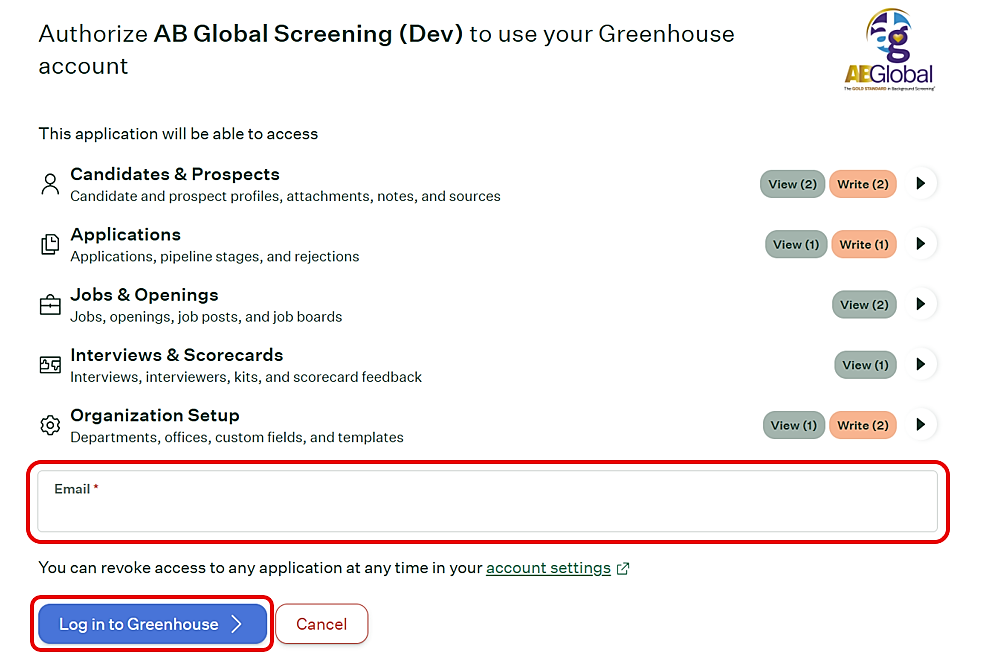 Greenhouse authorization page with email field and Log in to Greenhouse button