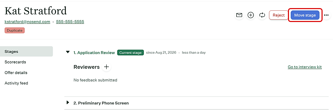 Greenhouse candidate profile with Move stage button