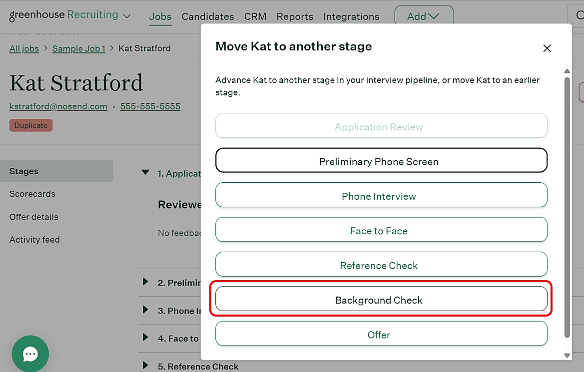 Moving the candidate to the Background Check stage