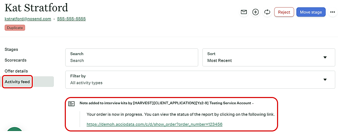 Status update in Greenhouse showing the order is processing