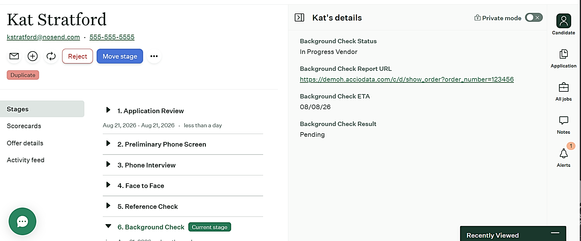 Status updates in custom fields on the candidate and application details