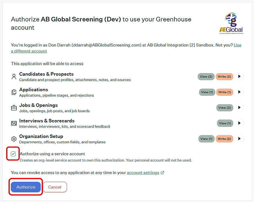 Authorize using a service account checkbox and Authorize button
