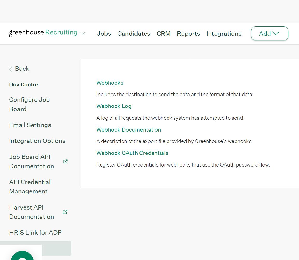 Dev Center page with Webhooks option