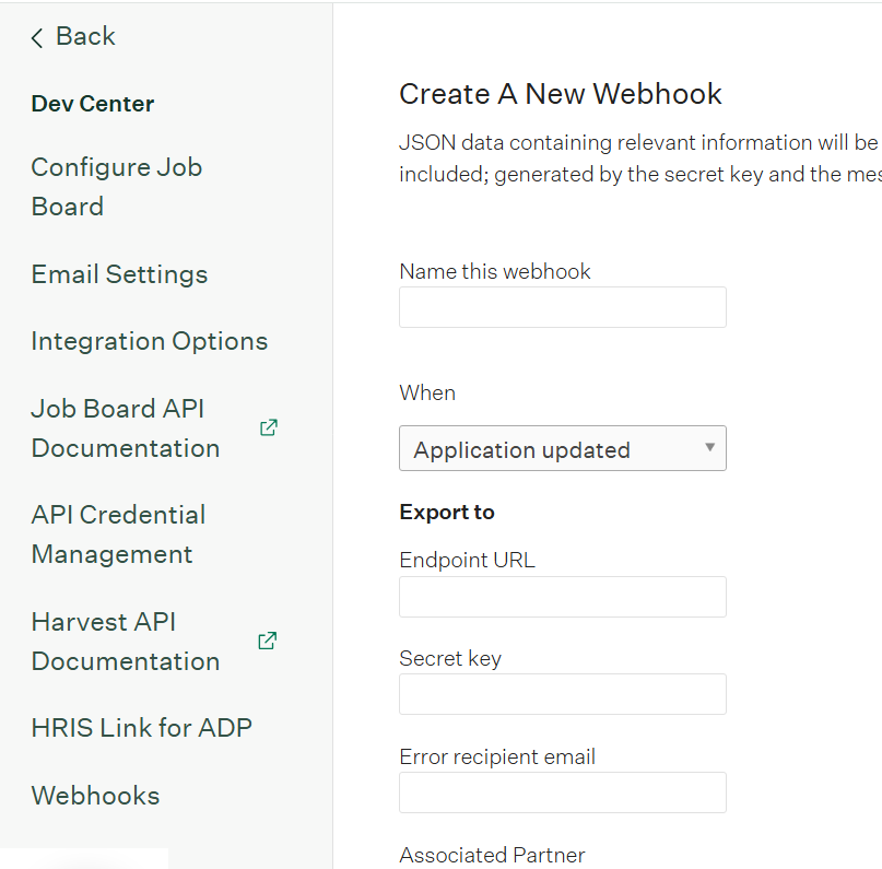Create A New Webhook screen