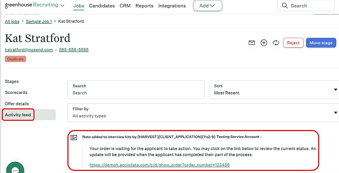 Status update in Greenhouse confirming the order was received