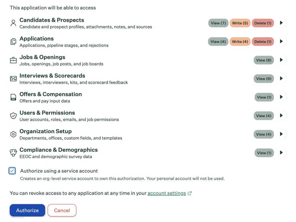 Consent screen with Authorize using a service account selected