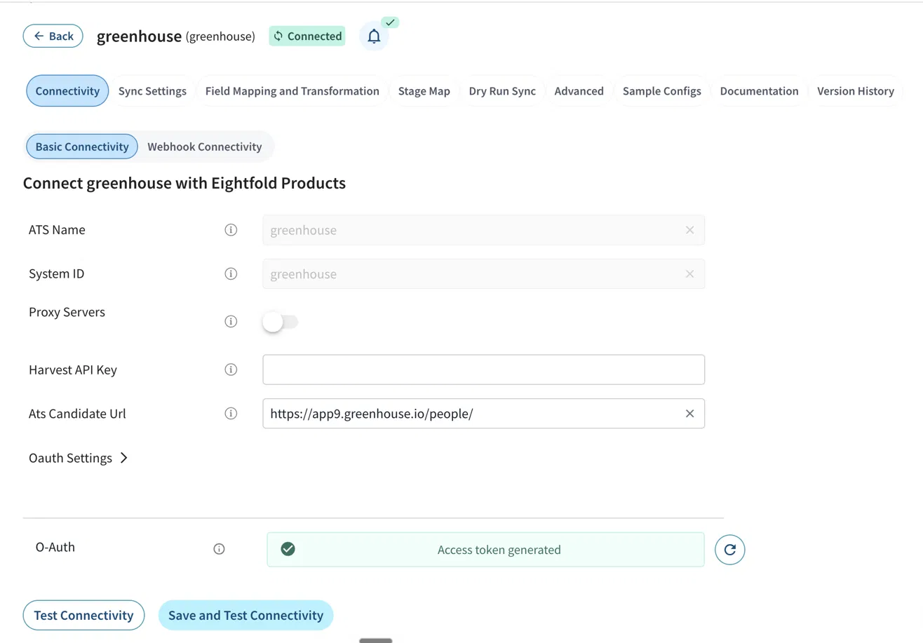Access token generated in the Eightfold Admin Console