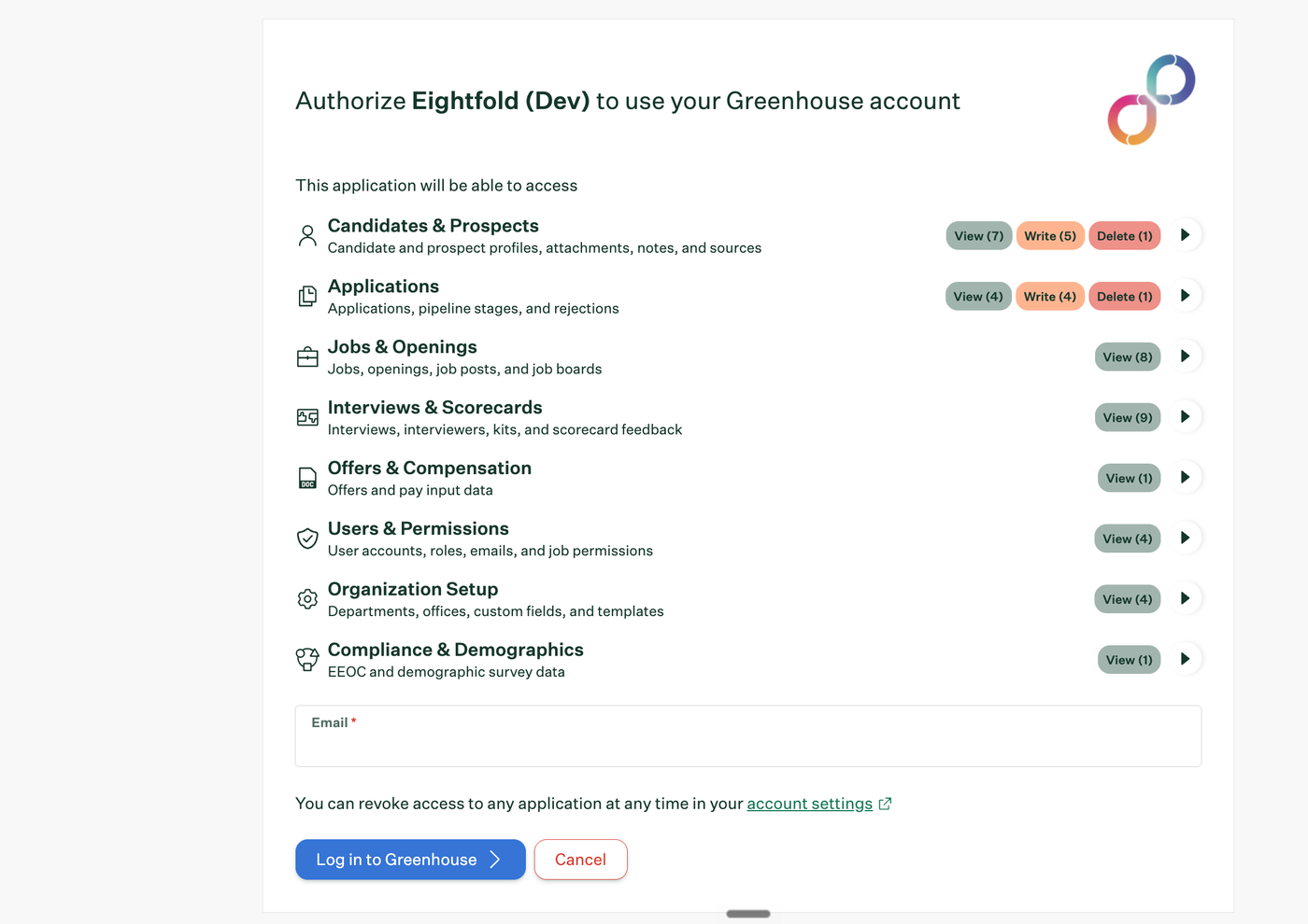 Greenhouse Recruiting authorization page listing the access Eightfold requests
