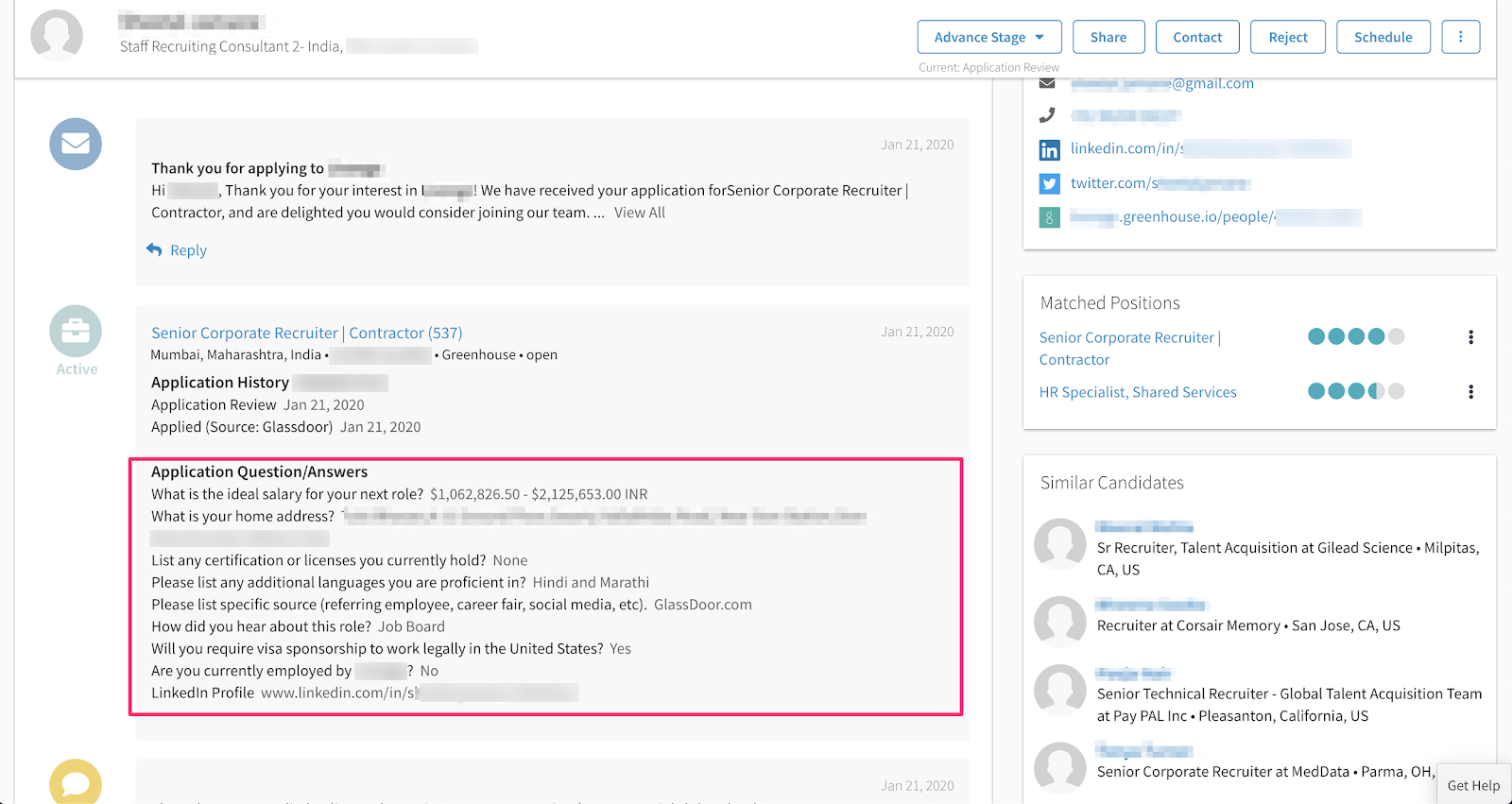 Custom application questions and answers on the Eightfold candidate profile