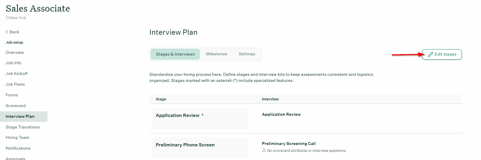 Interview Plan page with Edit stages button