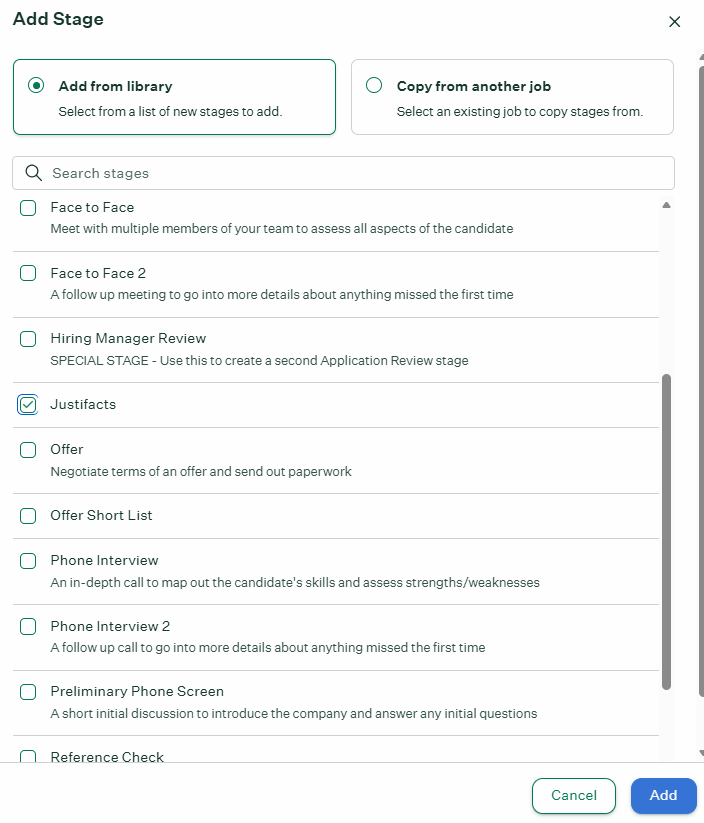 Add Stage dialog box with Justifacts selected