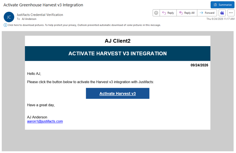 Justifacts email with Activate Harvest v3 button