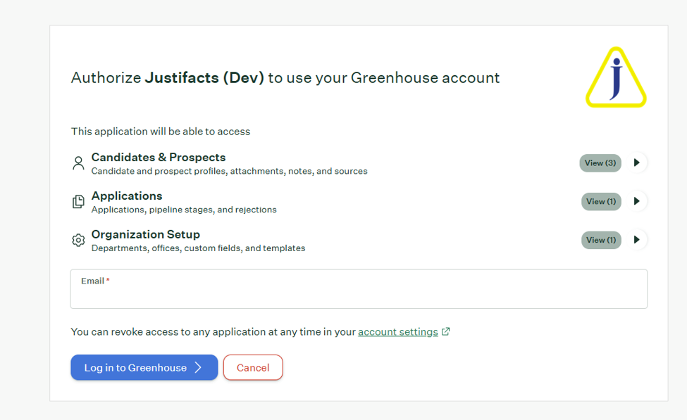 Permissions approval screen for Justifacts