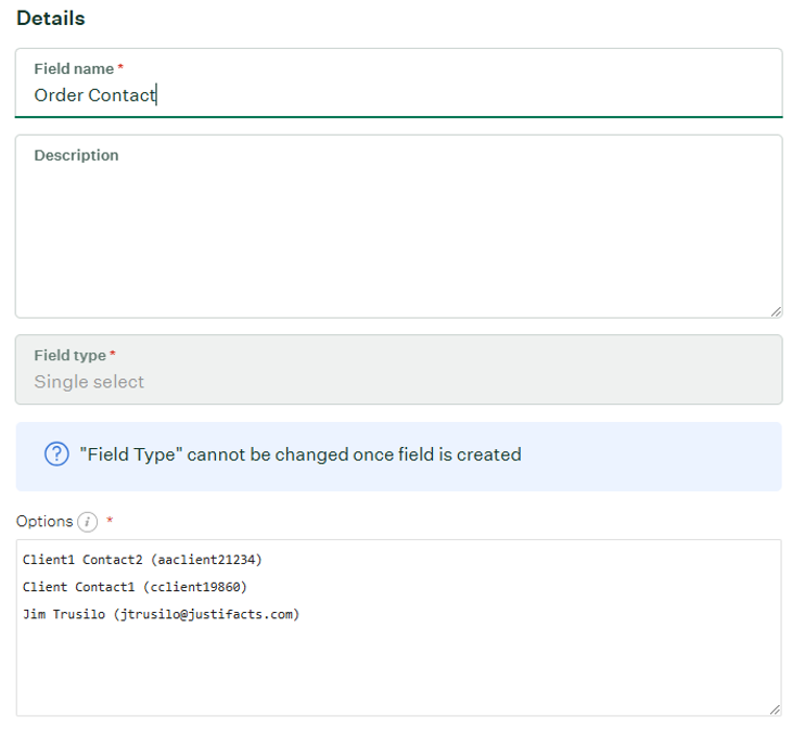 Order Contact custom field with options