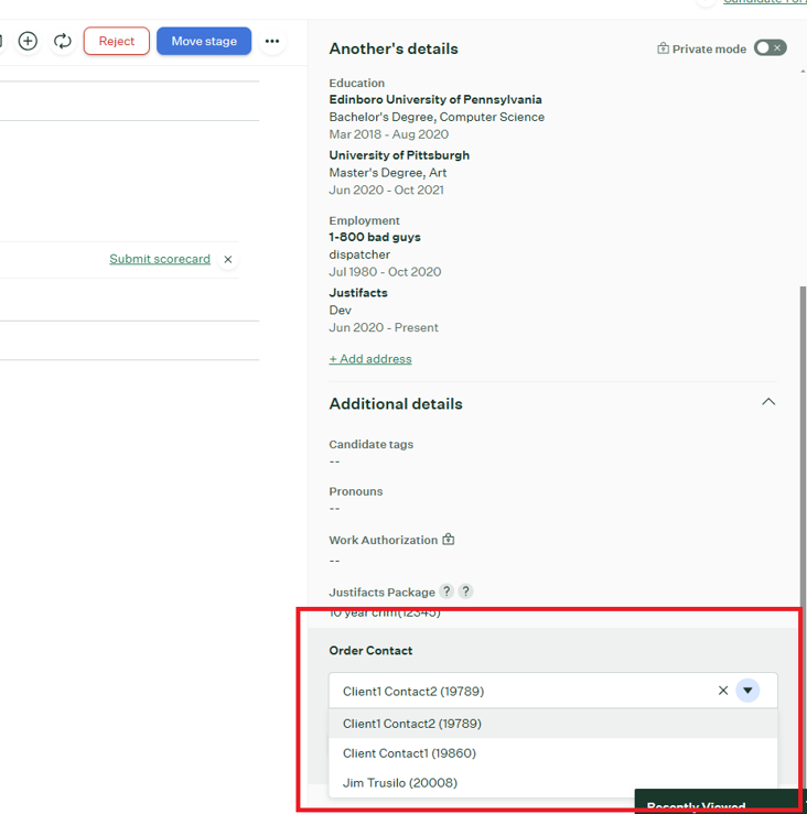 Order Contact field on the candidate profile