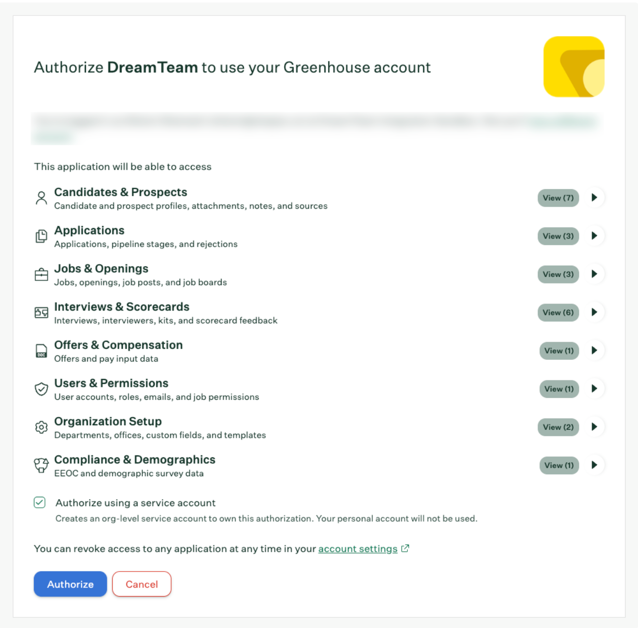 The Greenhouse authorization page after signing in, with Authorize using a service account checked